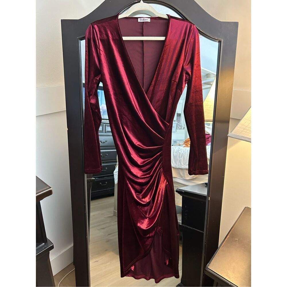 NEW Elegant Velvet Long Sleeve Wrap V Neck Ruched Bodycon Dress M - Picture 3 of 5